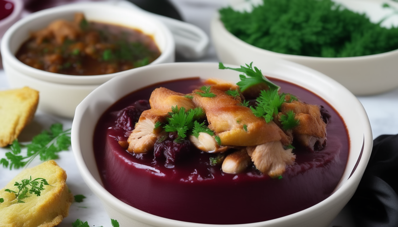 Serving pressure cooked turkey stew into bowls, garnished with parsley. Side of cornbread and cranberry sauce.