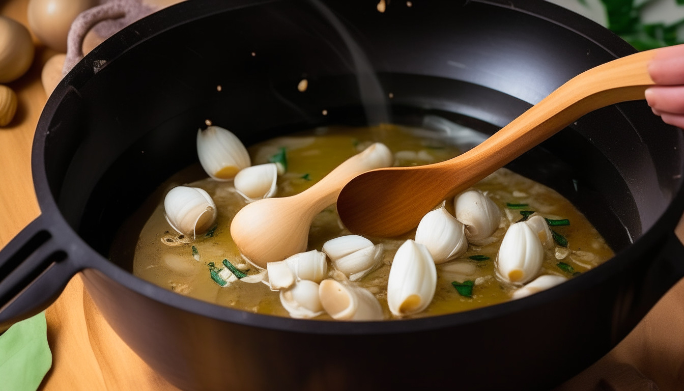 Sautéing onions, garlic in pressure cooker with olive oil. Wooden spoon stirring aromatics.