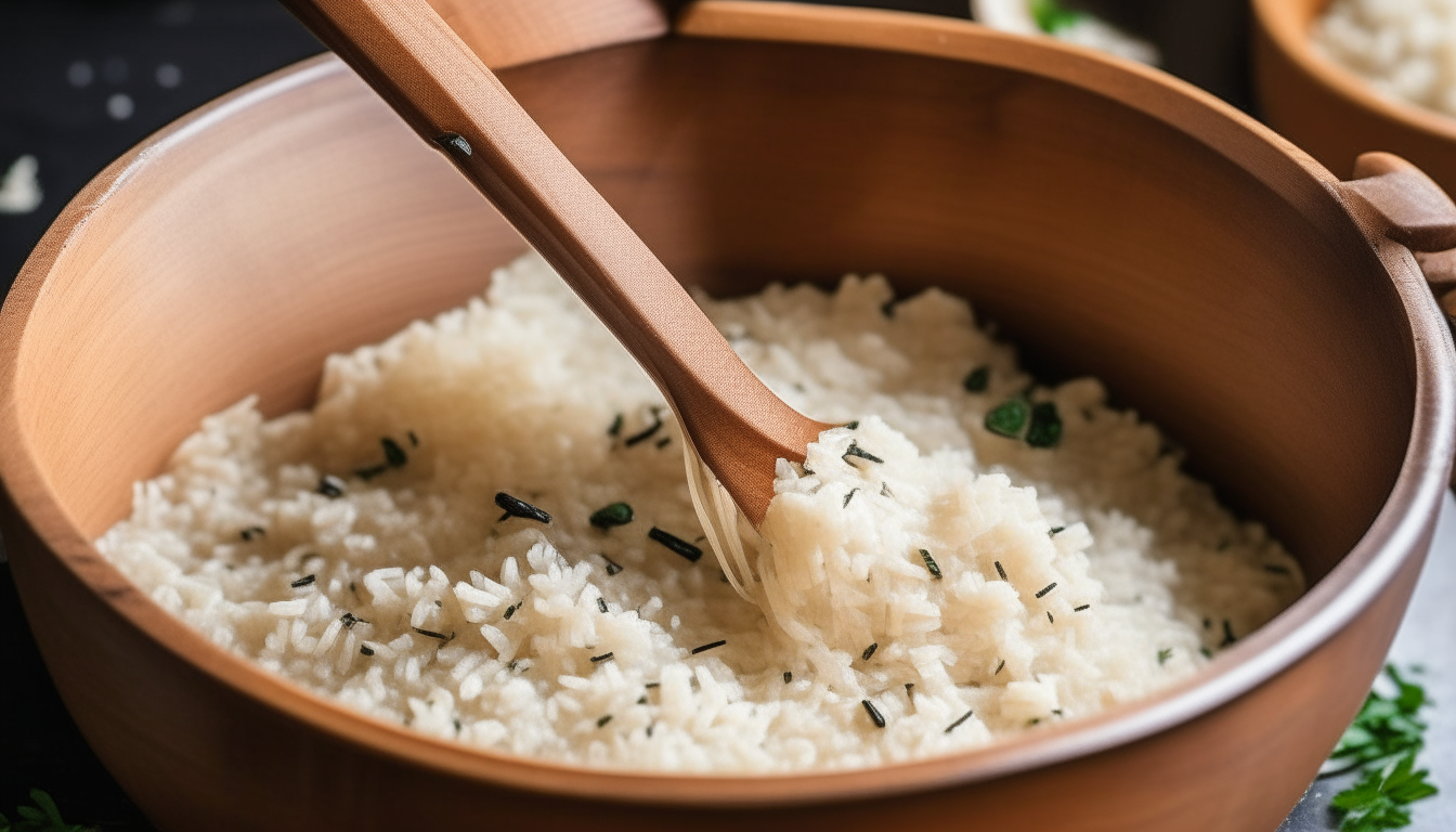 Arborio rice added to pressure cooker, toasted with aromatics. Wooden spoon stirring rice.