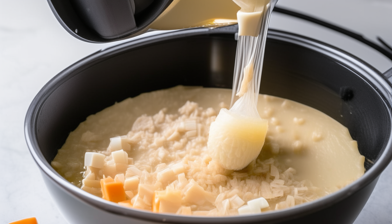 Chicken broth and cubed turkey meat poured into pressure cooker rice mixture. Ingredients being stirred.