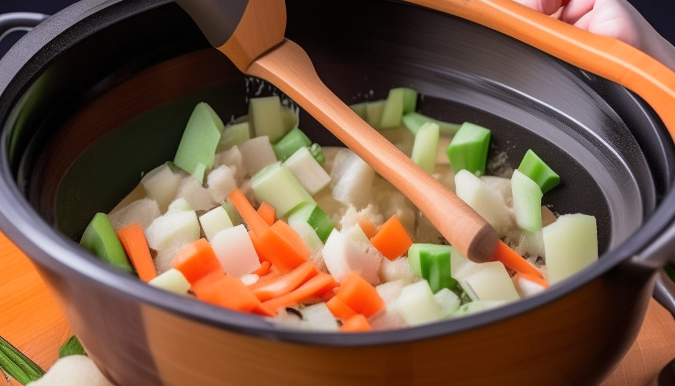 Sautéing onions, carrots, celery in pressure cooker. Wooden spoon stirring vegetables.