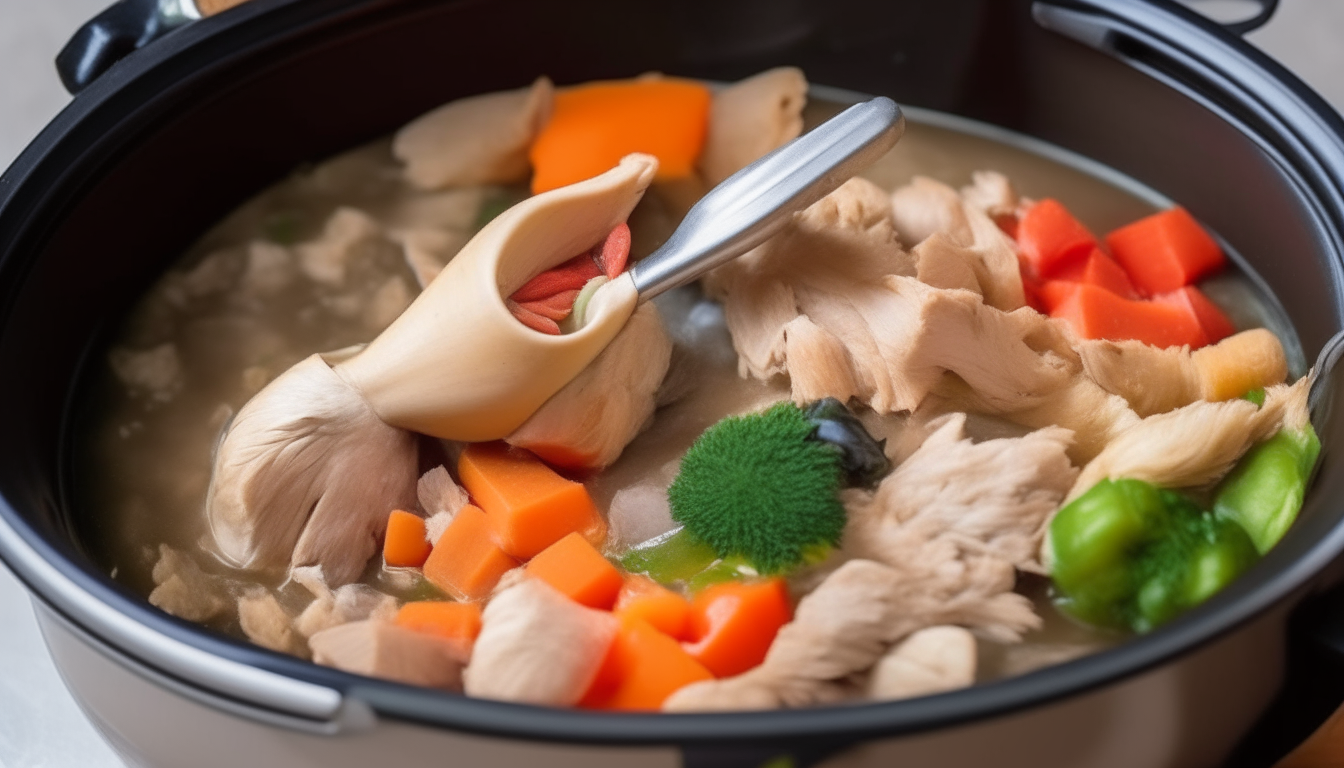 Turkey pieces browned with vegetables in pressure cooker. Wooden spoon stirring turkey.