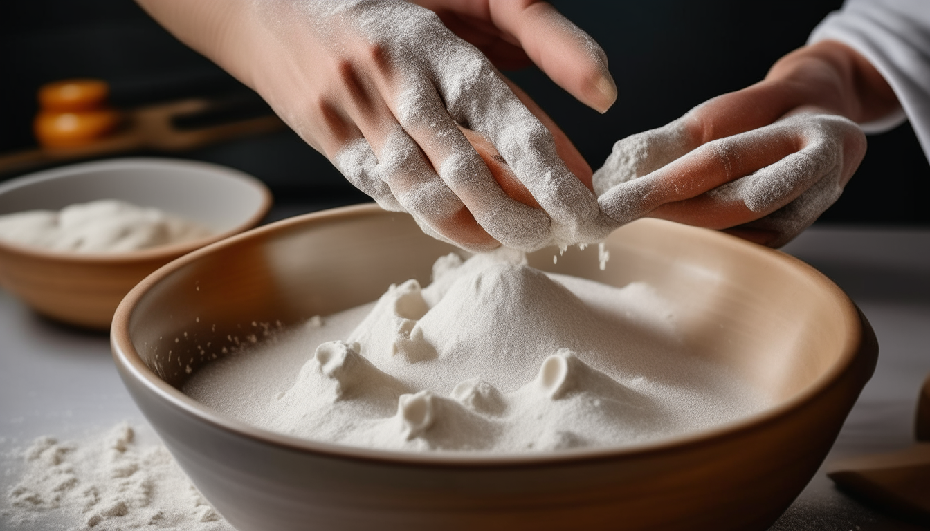 Mixing flour, baking powder, milk in bowl to form dumpling dough. Hands shaping dough.