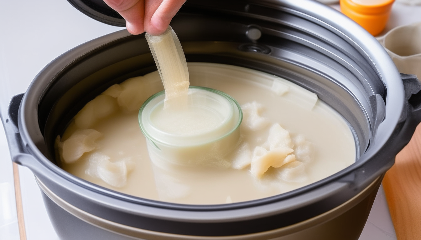 Adding chicken broth and dumplings to pressure cooker contents. Sealing lid to cook.