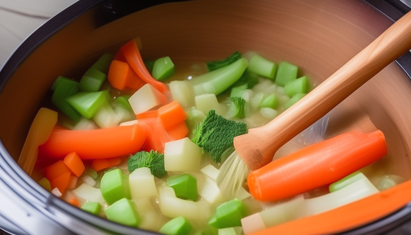 Onions, carrots, celery sautéing in pressure cooker oil. Wooden spoon stirring vegetables.