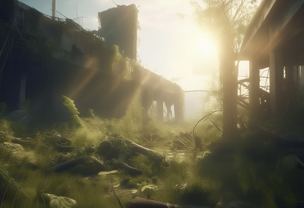 a post-apocalyptic landscape with overgrown vegetation reclaiming the remains of a fallen civilization, rays of sunlight illuminating hope among the rubble