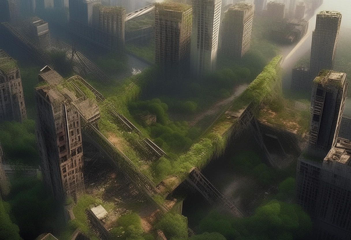 an aerial view of Manhattan in a post-apocalyptic future, overgrown vegetation covers crumbling skyscrapers and collapsed bridges, only the remains of humanity's greatest city remain