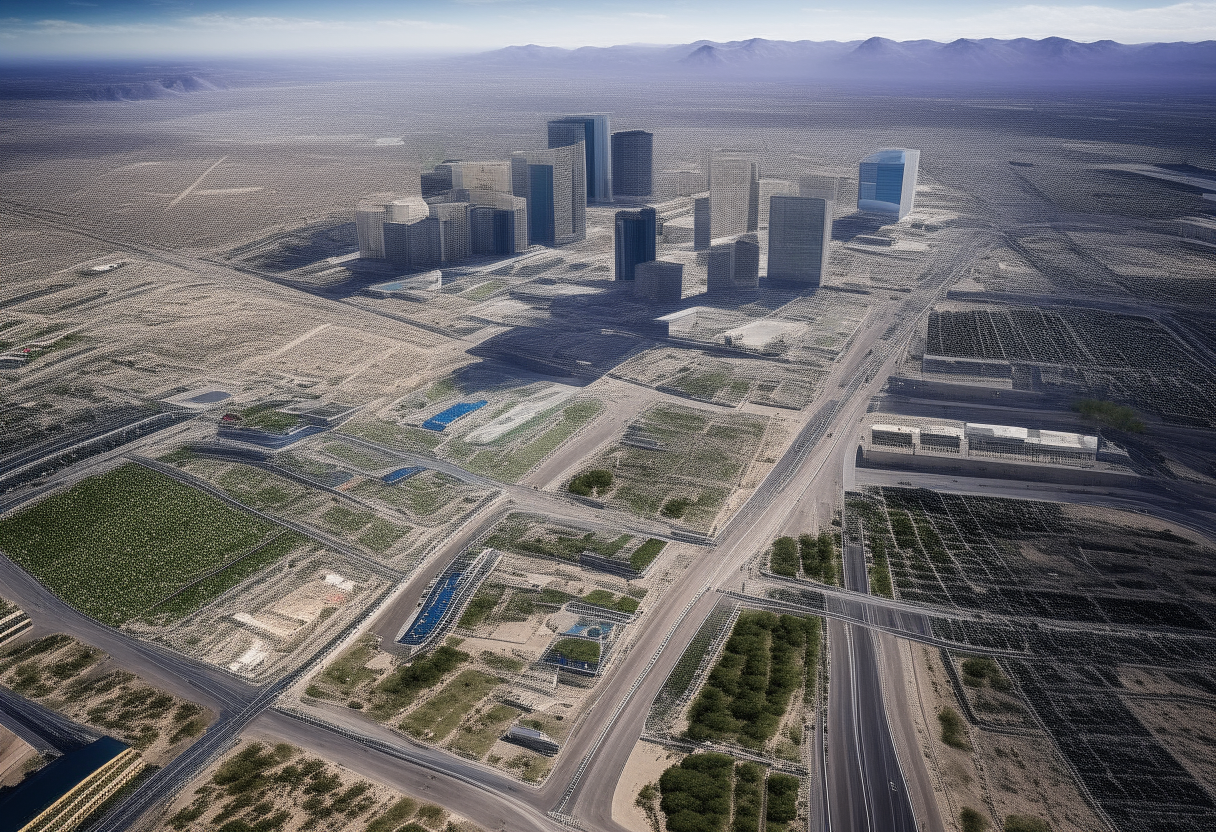 an aerial view of the Las Vegas Strip in a future where civilization has collapsed, overgrown vegetation covers abandoned casinos and hotels along the empty boulevard