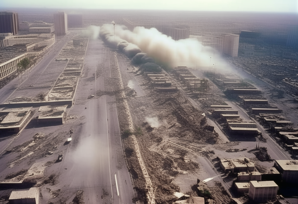 an aerial view of the Las Vegas Strip amidst a war zone, smoke rises from burning casinos as rubble and wreckage litter the empty boulevards