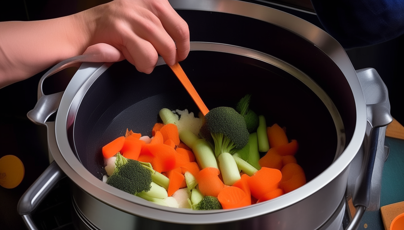 Depict a pressure cooker with olive oil, onions, carrots, and celery being sautéed until softened. Include a person's hands stirring the vegetables.