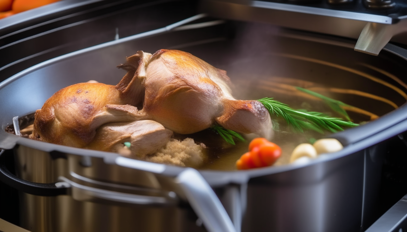 Show turkey pieces being browned with the vegetables in the pressure cooker. Focus on the turkey being stirred and cooked, highlighting the browning process.