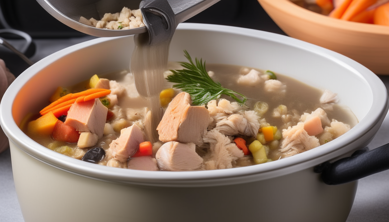 Illustrate the addition of wild rice and chicken broth into the pressure cooker with the sautéed vegetables and browned turkey. Show the ingredients being combined through stirring.