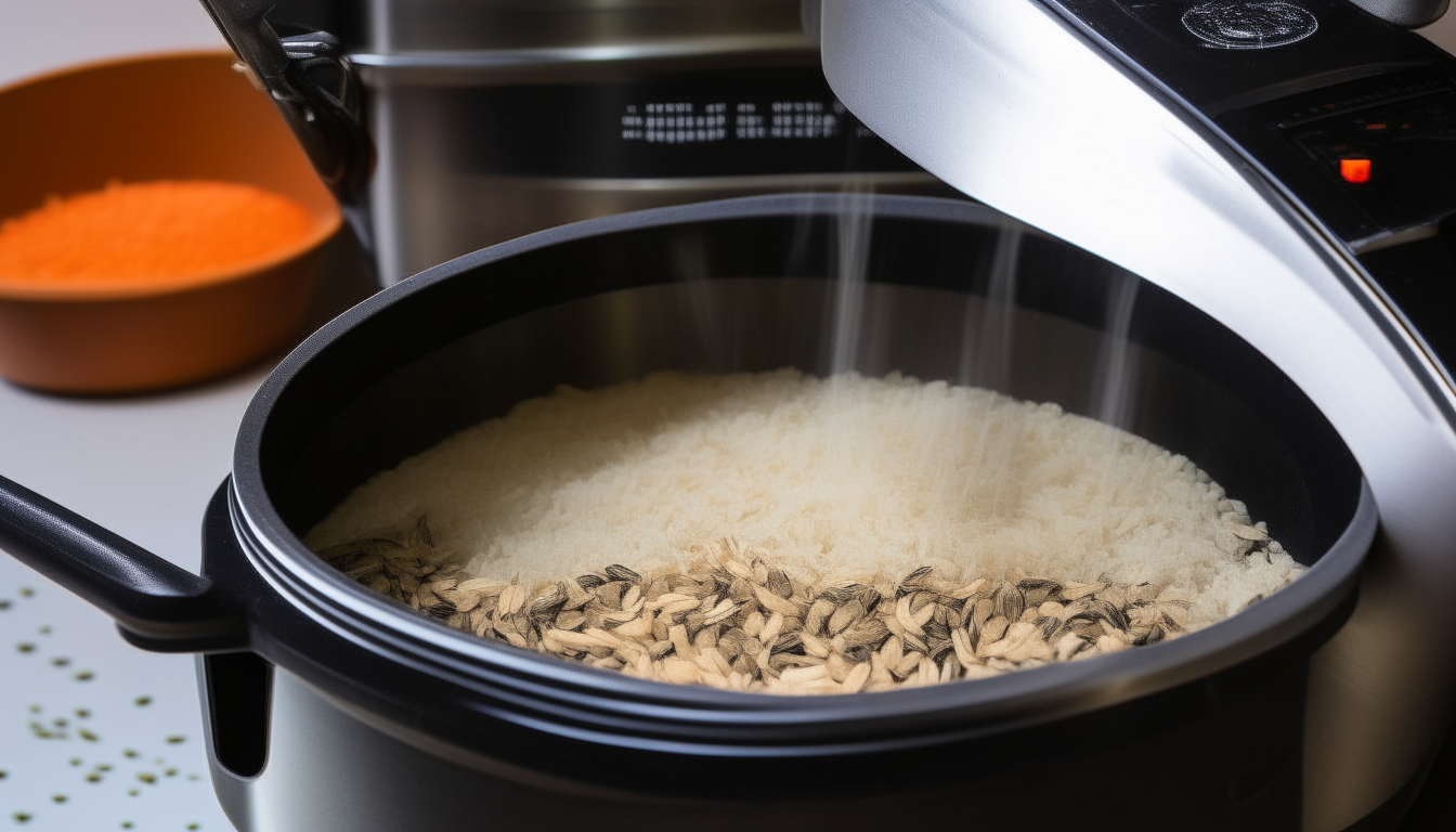 Capture the pressure cooker being sealed after all ingredients, including the wild rice and broth, have been added. Indicate the cooker set to 'Manual' or 'Pressure Cook' mode to begin the cooking process.