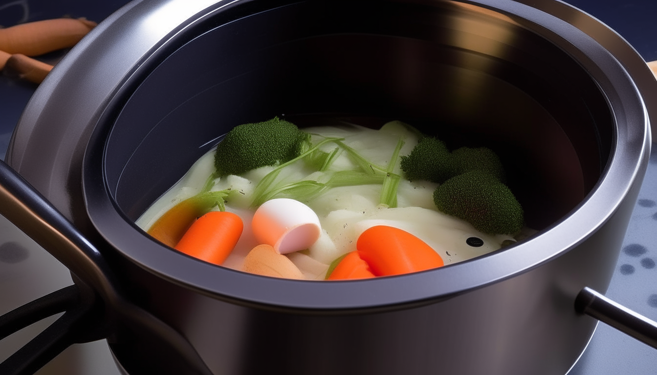 Depict a pressure cooker with olive oil, onions, carrots, and celery being sautéed until softened.