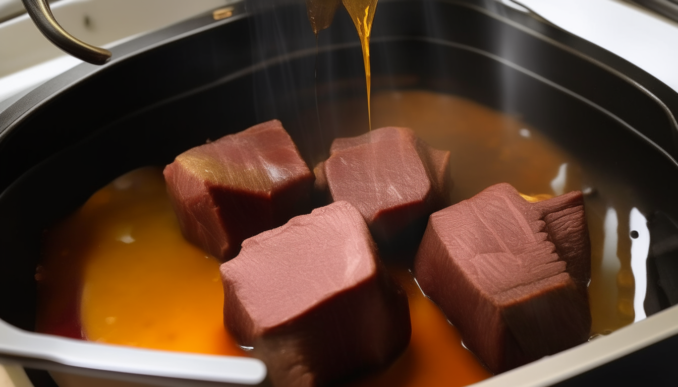 Show beef cubes being browned in olive oil in the pressure cooker. Ensure the depiction is natural, focusing on the browning process.