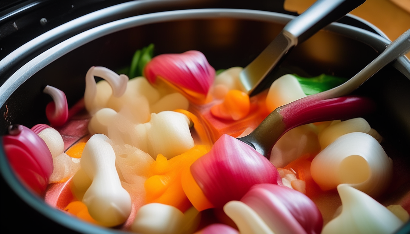 Illustrate onions, bell peppers, and garlic being sautéed in the cooker. Capture the vegetables as they soften and the onions become translucent.