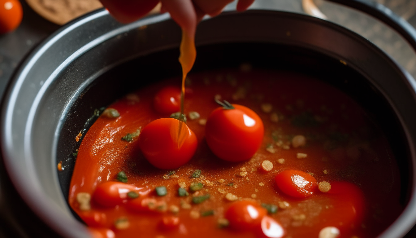 Depict the addition of tomatoes, paprika, and caraway seeds to the pot. Focus on the mixture being stirred together.