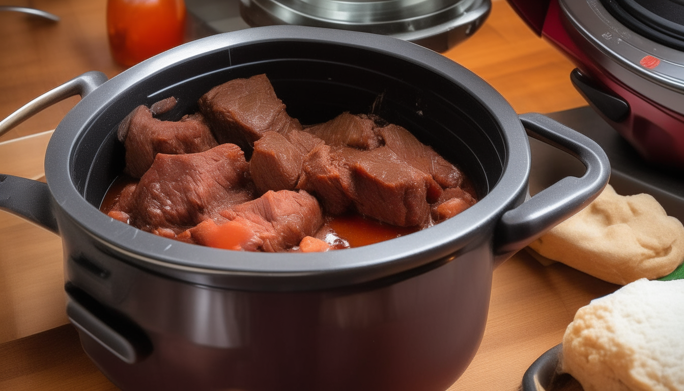 Show a pressure cooker with the beef goulash ingredients sealed inside, set to 'Manual' mode to start cooking