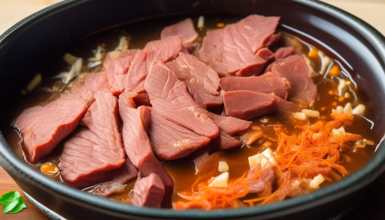 Show thinly sliced beef being marinated in a bowl with soy sauce, brown sugar, garlic and ginger