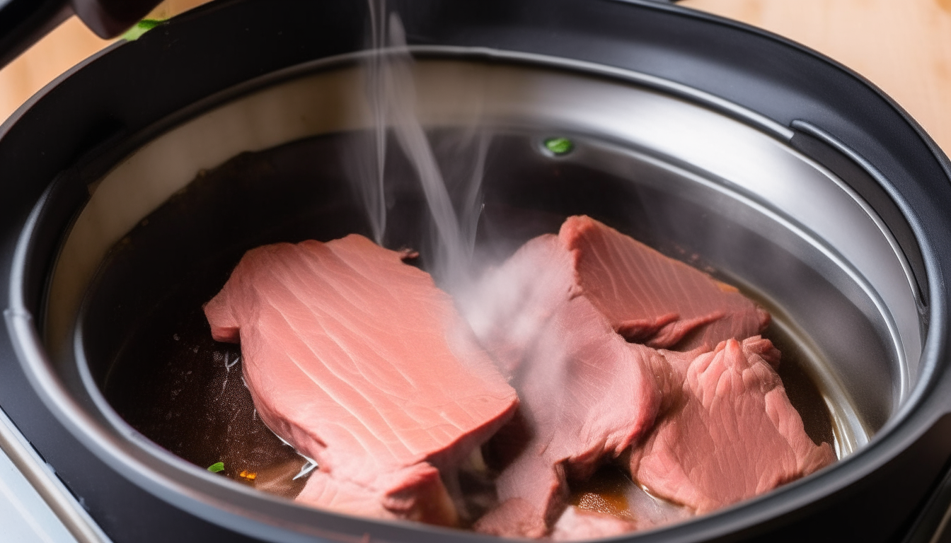 Illustrate thinly sliced beef being sautéed in an Instant Pot