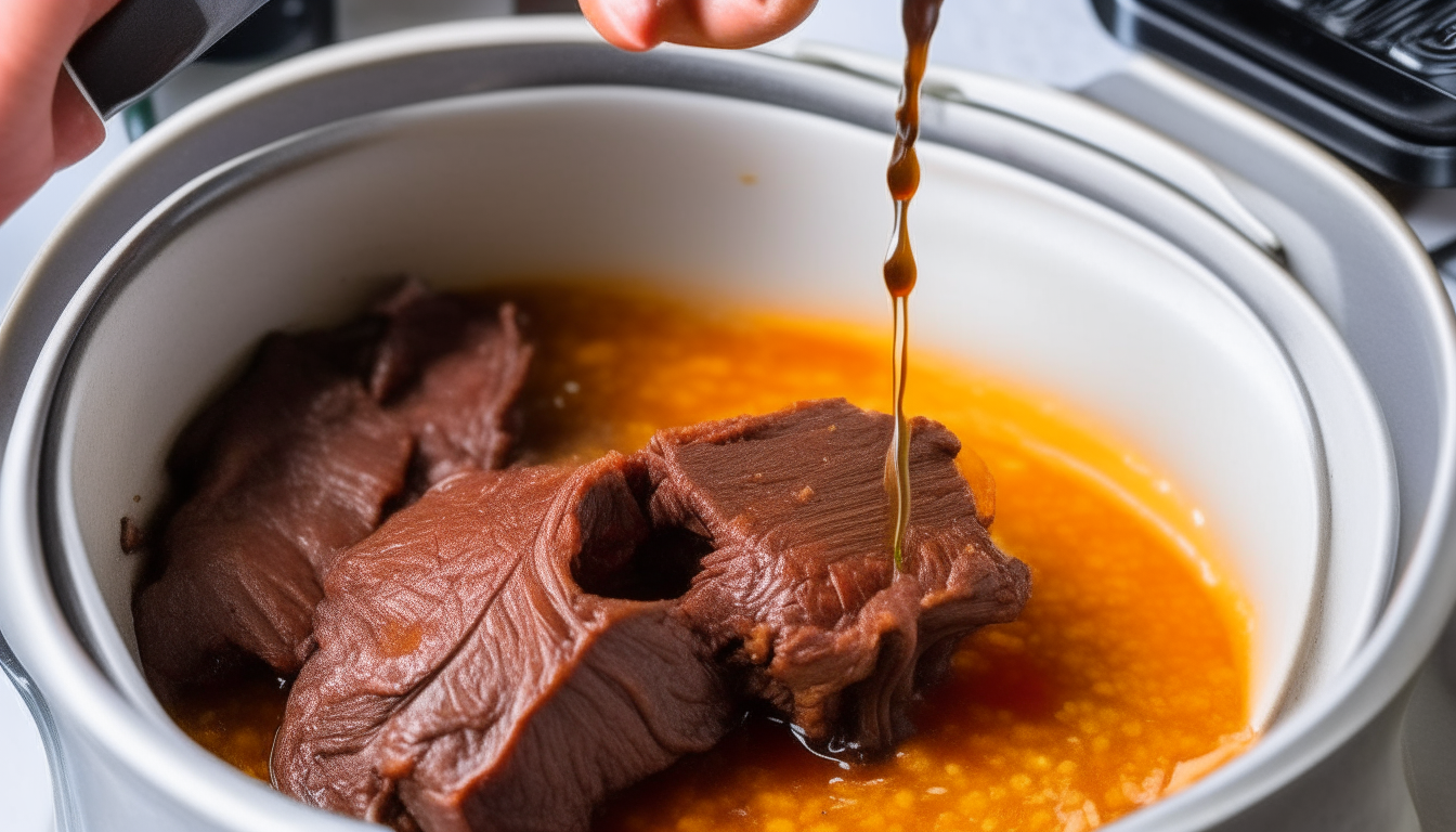 Show the marinade and cornstarch being stirred into the Instant Pot with the sautéed beef