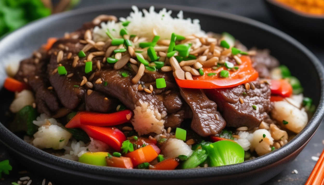 Capture the beef stir fry dish garnished with green onions and sesame seeds, served over rice with vegetables