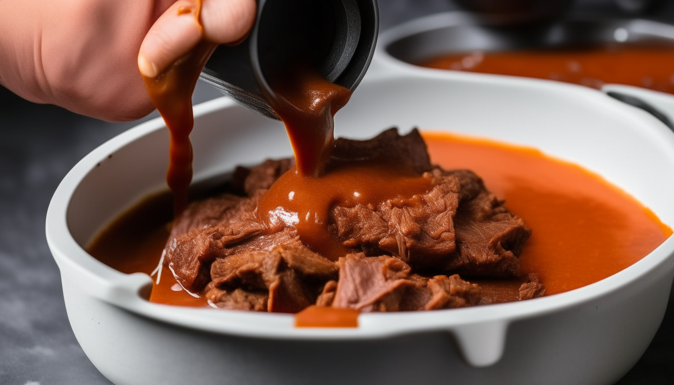 Display enchilada sauce being poured over browned beef in an Instant Pot