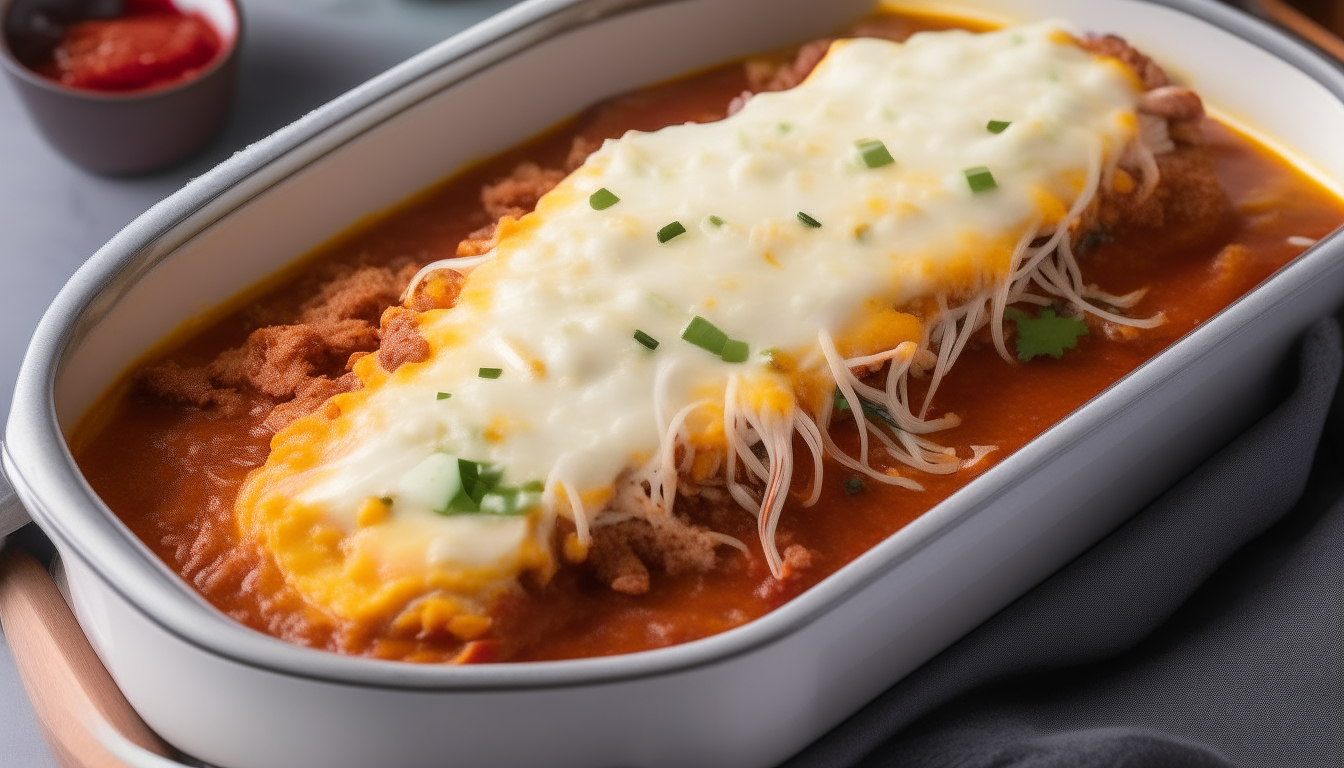 Illustrate a baking dish filled with assembled beef enchiladas, topped with sauce and cheese