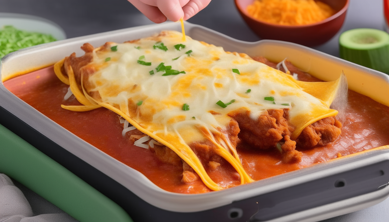 Illustrate a baking dish filled with beef enchiladas assembled using corn tortillas, topped with enchilada sauce and cheese