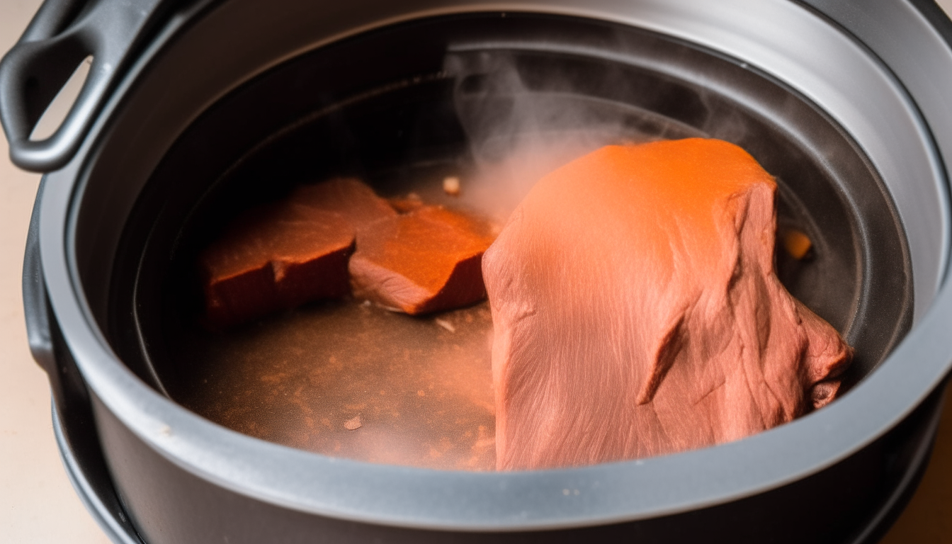 Illustrate beef browning in an Instant Pot seasoned with spices