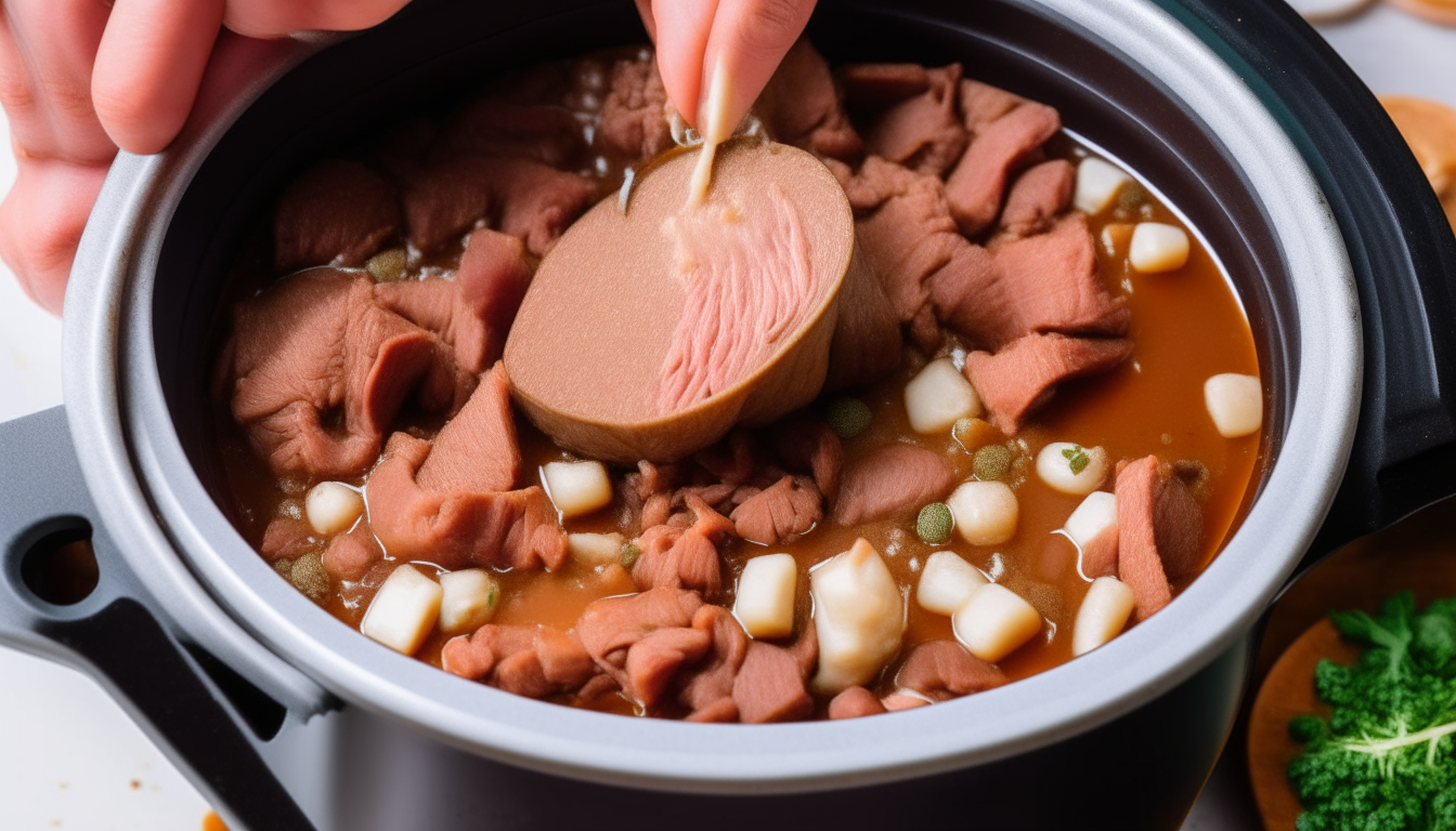 Show onions, garlic, beans and broth being added to beef in an Instant Pot and mixed