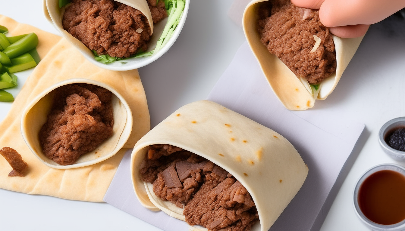 Illustrate flour tortillas being filled with the beef and bean mixture, then rolled up into burritos