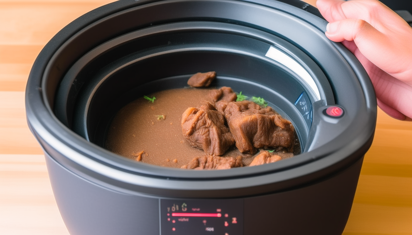 Show an Instant Pot sealed shut, display cooking progress on its screen as it pressure cooks the beef and bean mixture