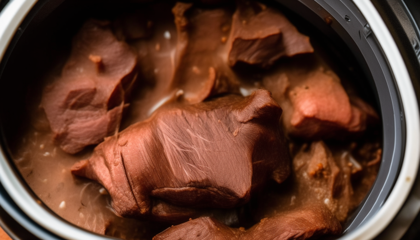 Beef browning in an Instant Pot, zoomed in to highlight garlic, cumin and other seasonings