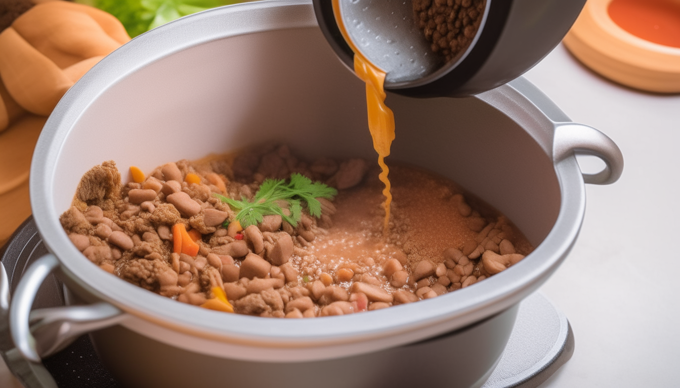 Onions, garlic, pinto beans and vegetable broth being poured into an Instant Pot containing browned ground beef