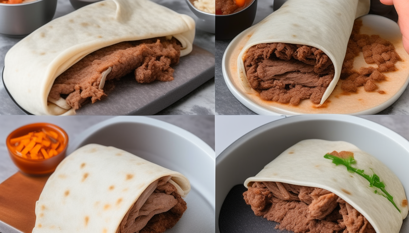 Flour tortillas on a plate being filled with beef and bean mixture from an Instant Pot, then rolled into burritos