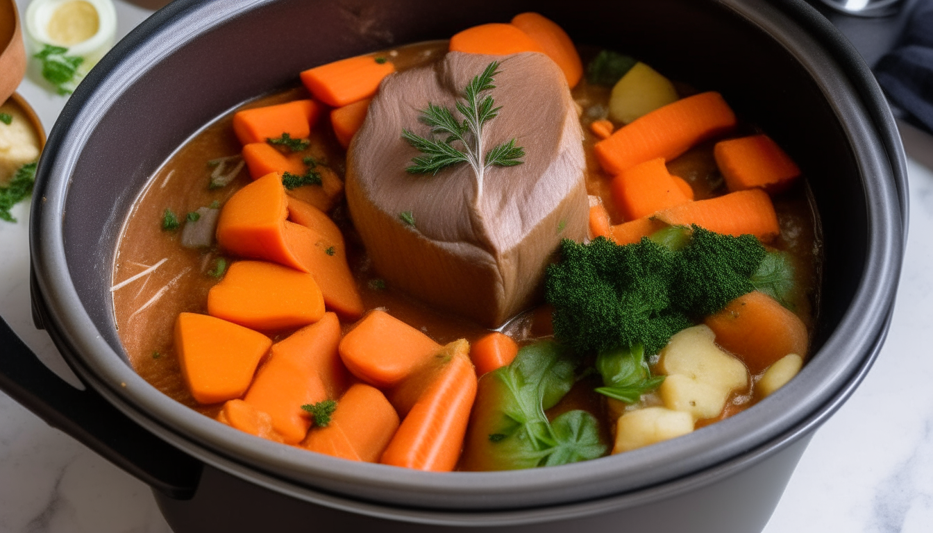 Display potatoes, carrots, broth and herbs being added into an Instant Pot with sautéed beef base