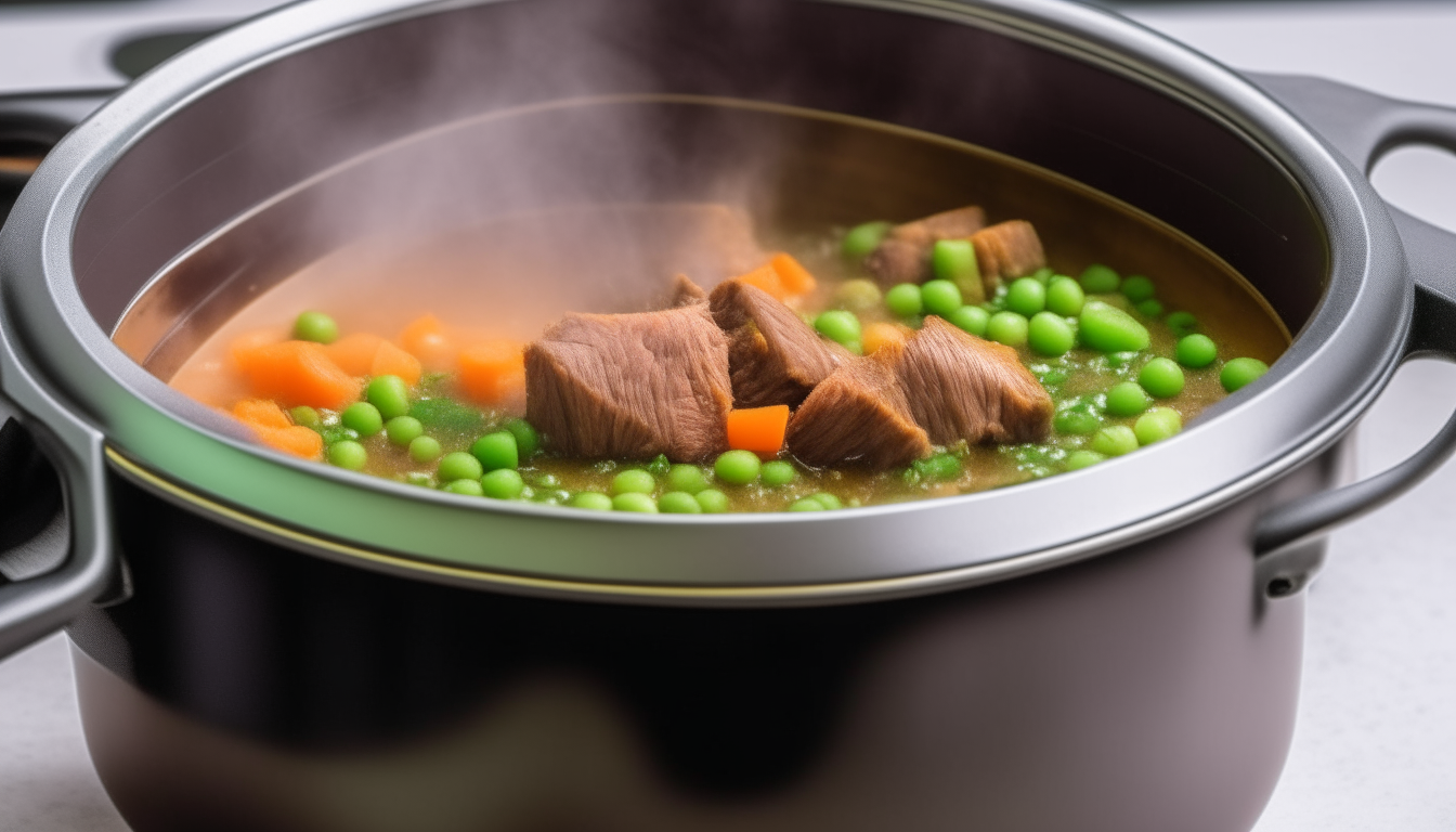 Depict an Instant Pot finishing cooking, steam released as lid opens showing beef stew with peas stirred in