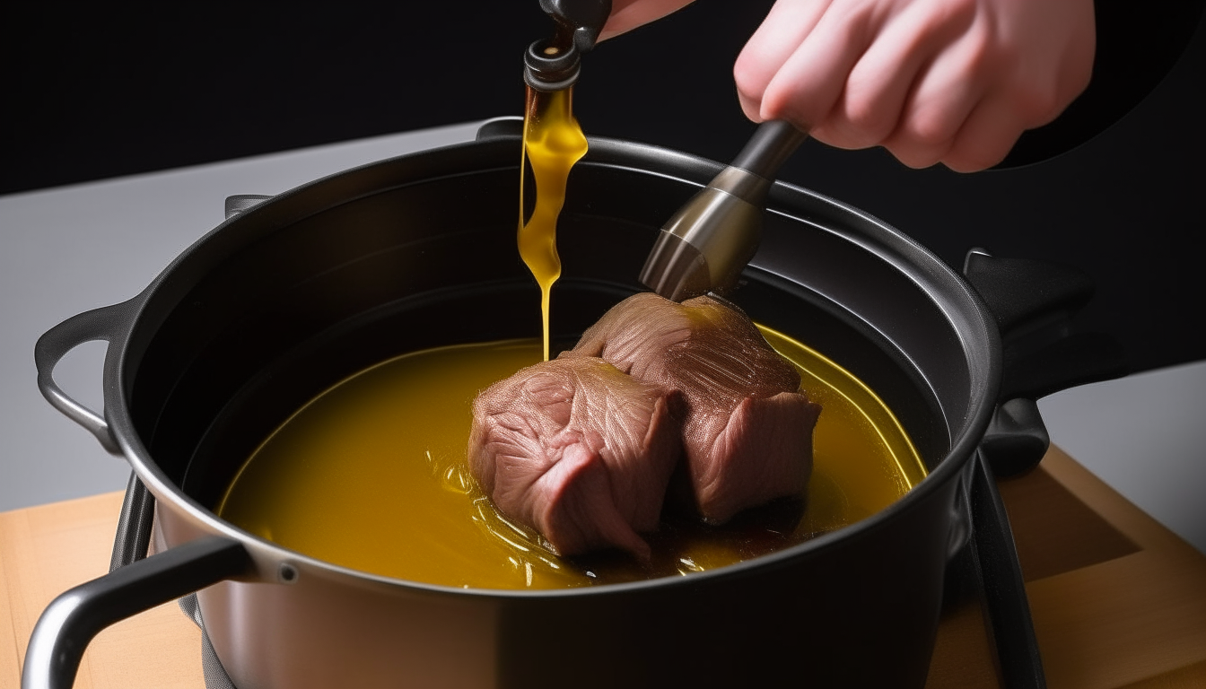 Illustrate an Instant Pot on sauté mode, olive oil heating up to sear golden brown beef chunks stirred with tongs