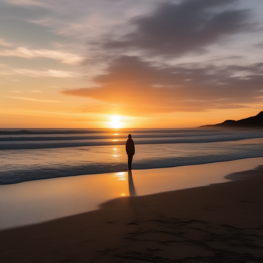 An image of a beach at sunset with a person standing and looking out at the ocean