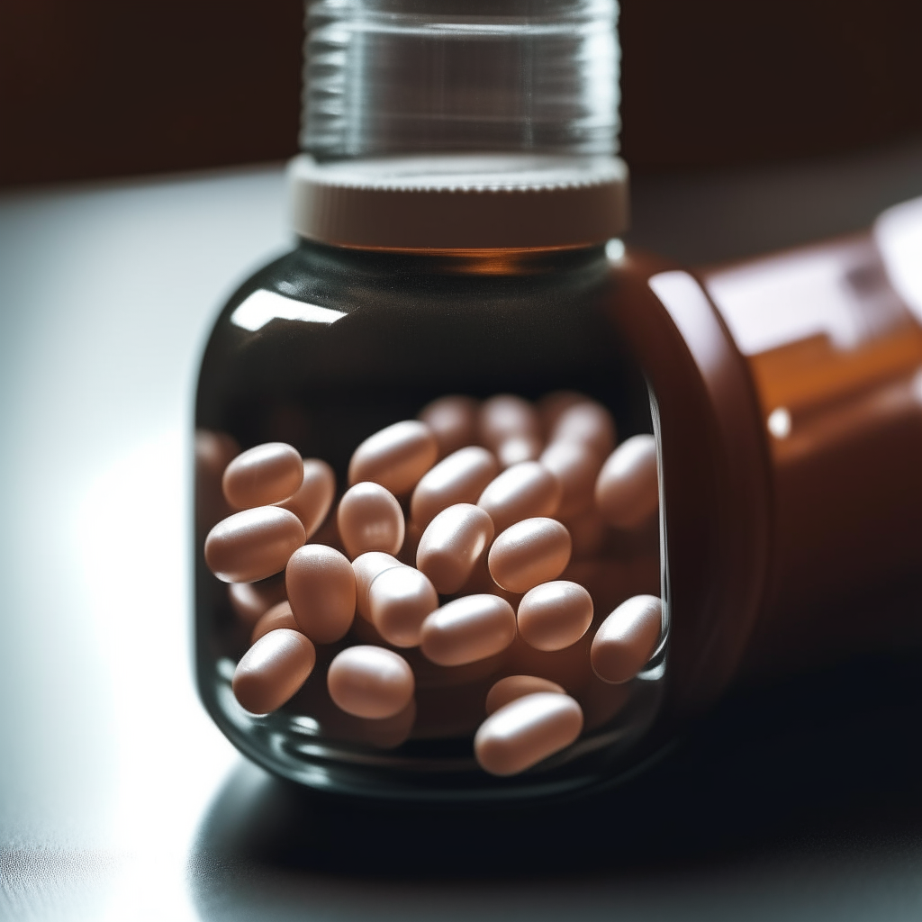 A close-up view of a brown glass bottle containing many round white capsules of magnesium supplements.