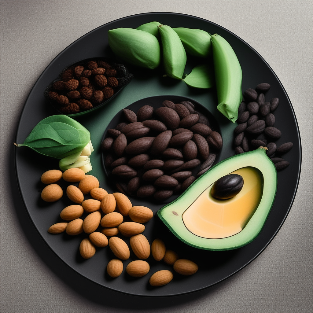 An artfully arranged plate featuring almonds, spinach, avocado and black beans, foods known to be excellent sources of magnesium.