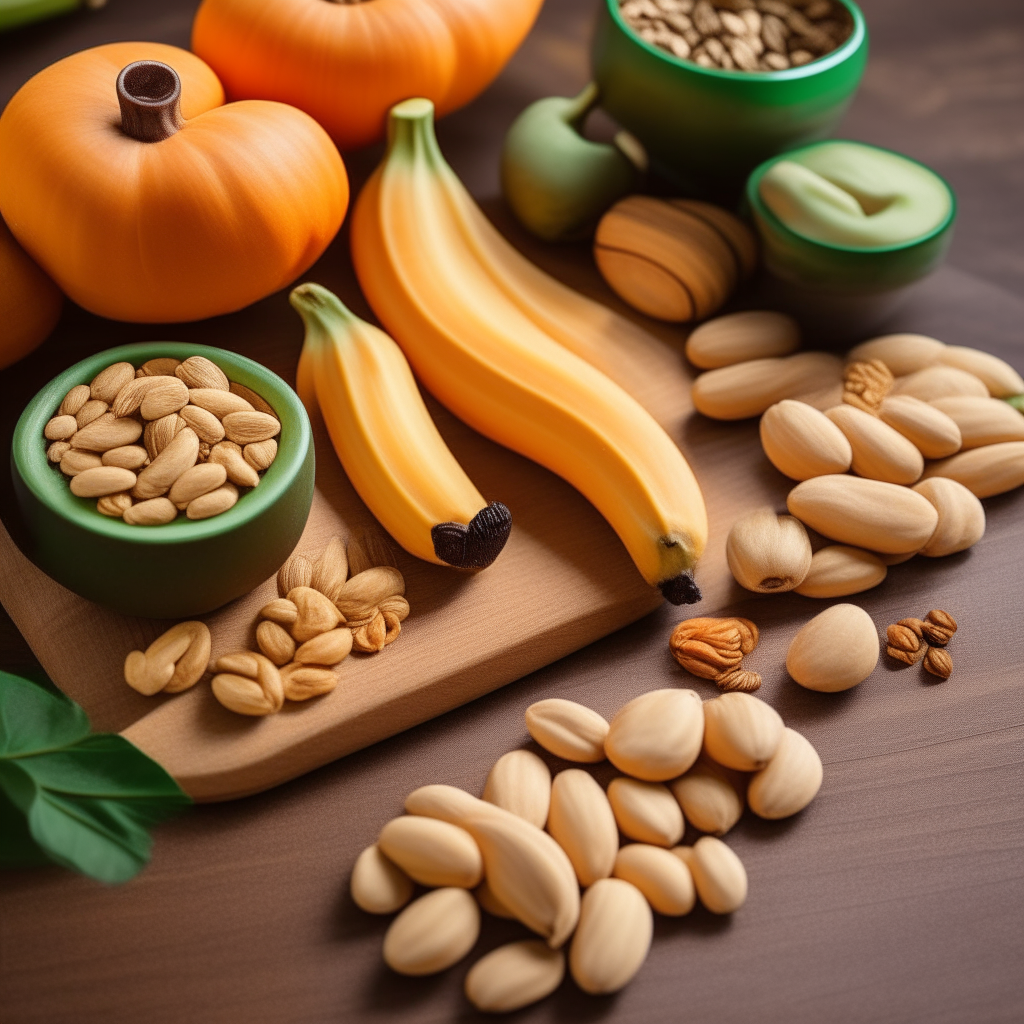 A close-up of bananas, pumpkin seeds, dried apricots and cashews presented on a wooden cutting board and considered foods high in magnesium content.