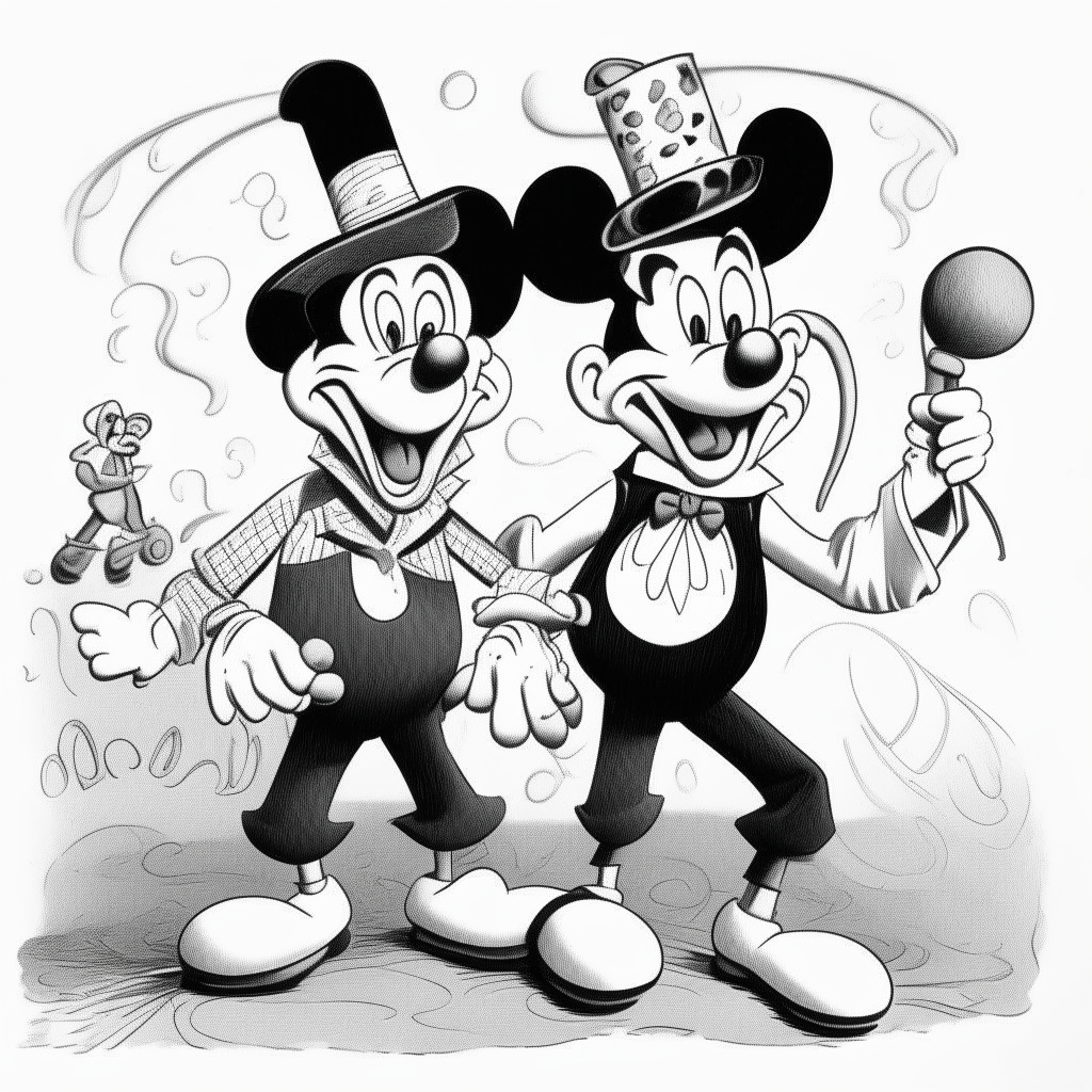 Vintage cartoon characters Goofy and Mickey Mouse at a carnival, hand drawn in black and white