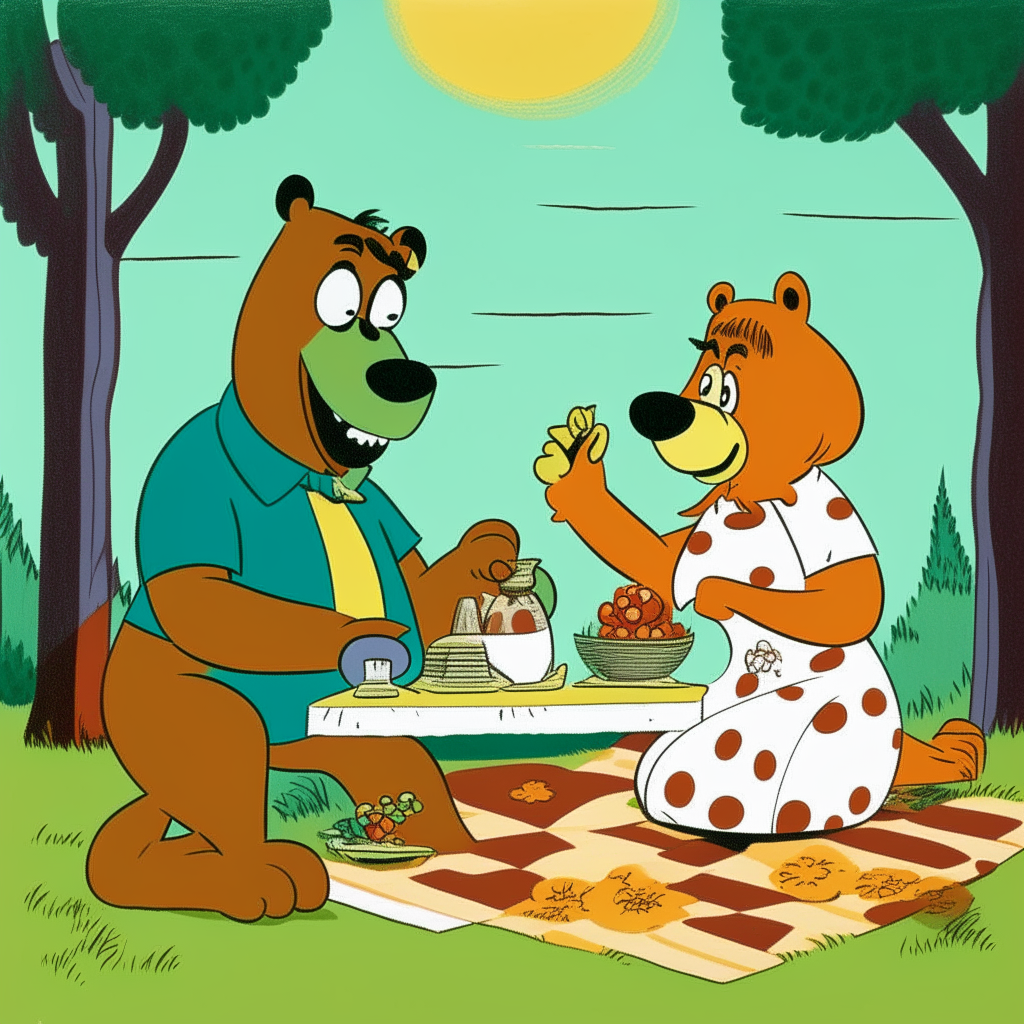 Retro Hanna-Barbera characters Yogi Bear and Boo Boo enjoying a picnic, stylised 1960s colors and shapes