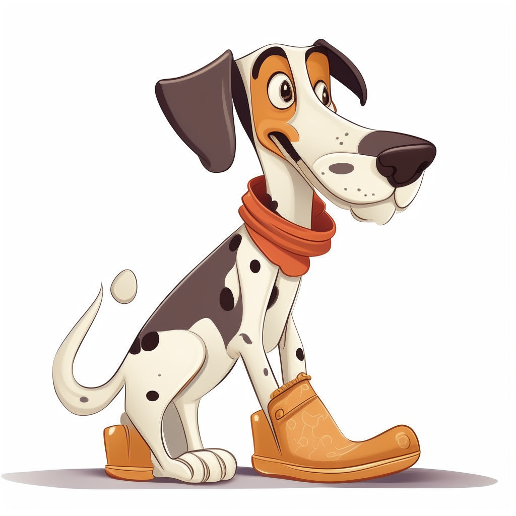 A silly cartoon dog wearing oversized shoes and holding a bone