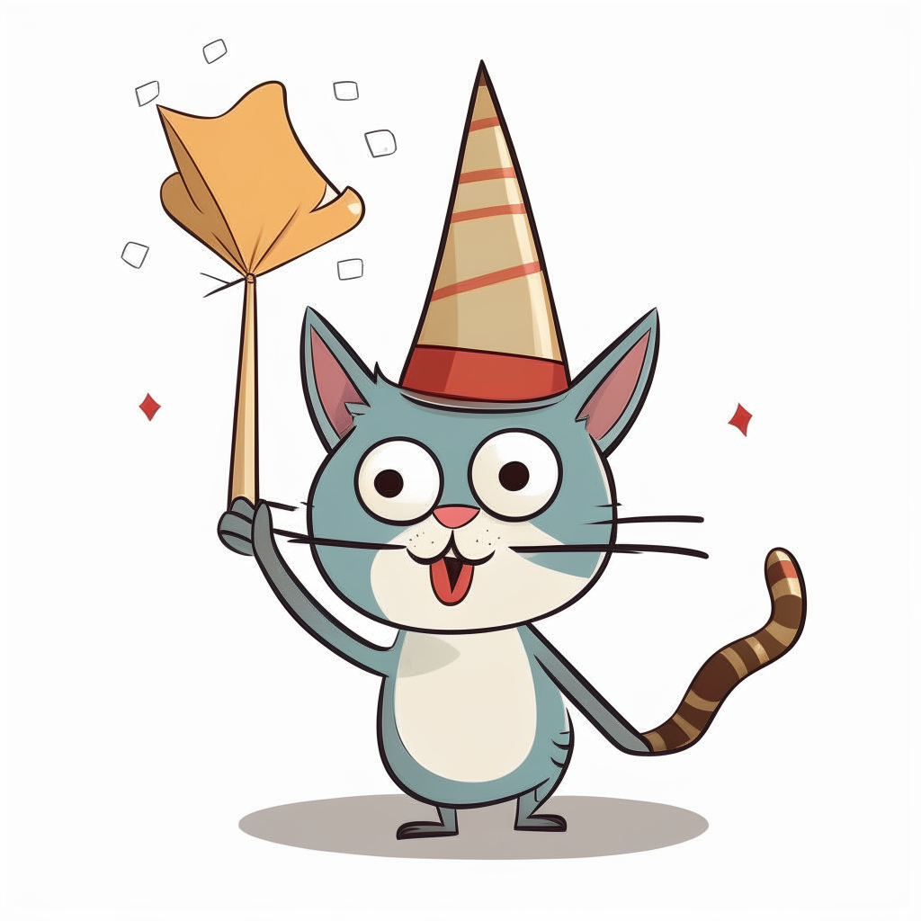 A goofy cartoon cat wearing a party hat and holding a pie