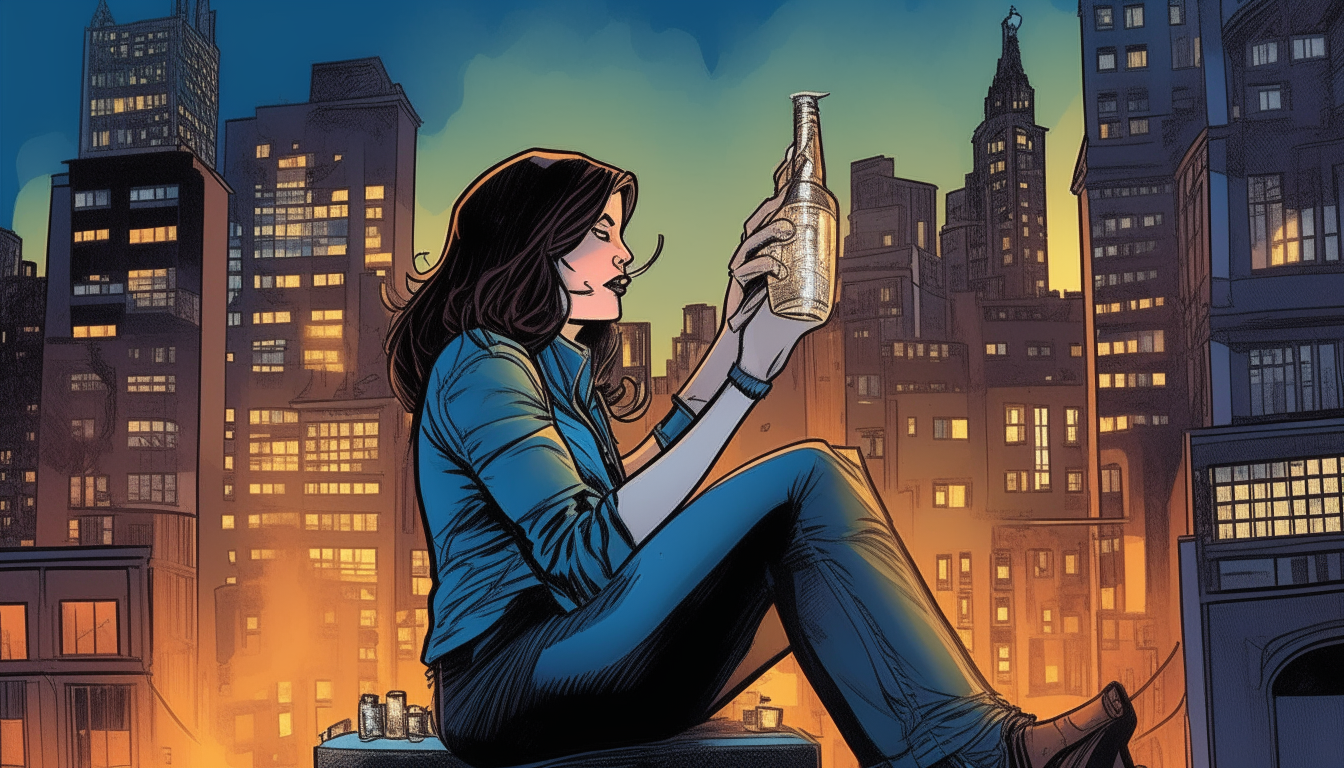 Cover of a graphic novel featuring an alternative female superhero with telepathic abilities. She sits on the edge of a tall building in New York City at night, drinking whiskey from a jar and using her powers to listen to the thoughts of everyone in the bustling city below.