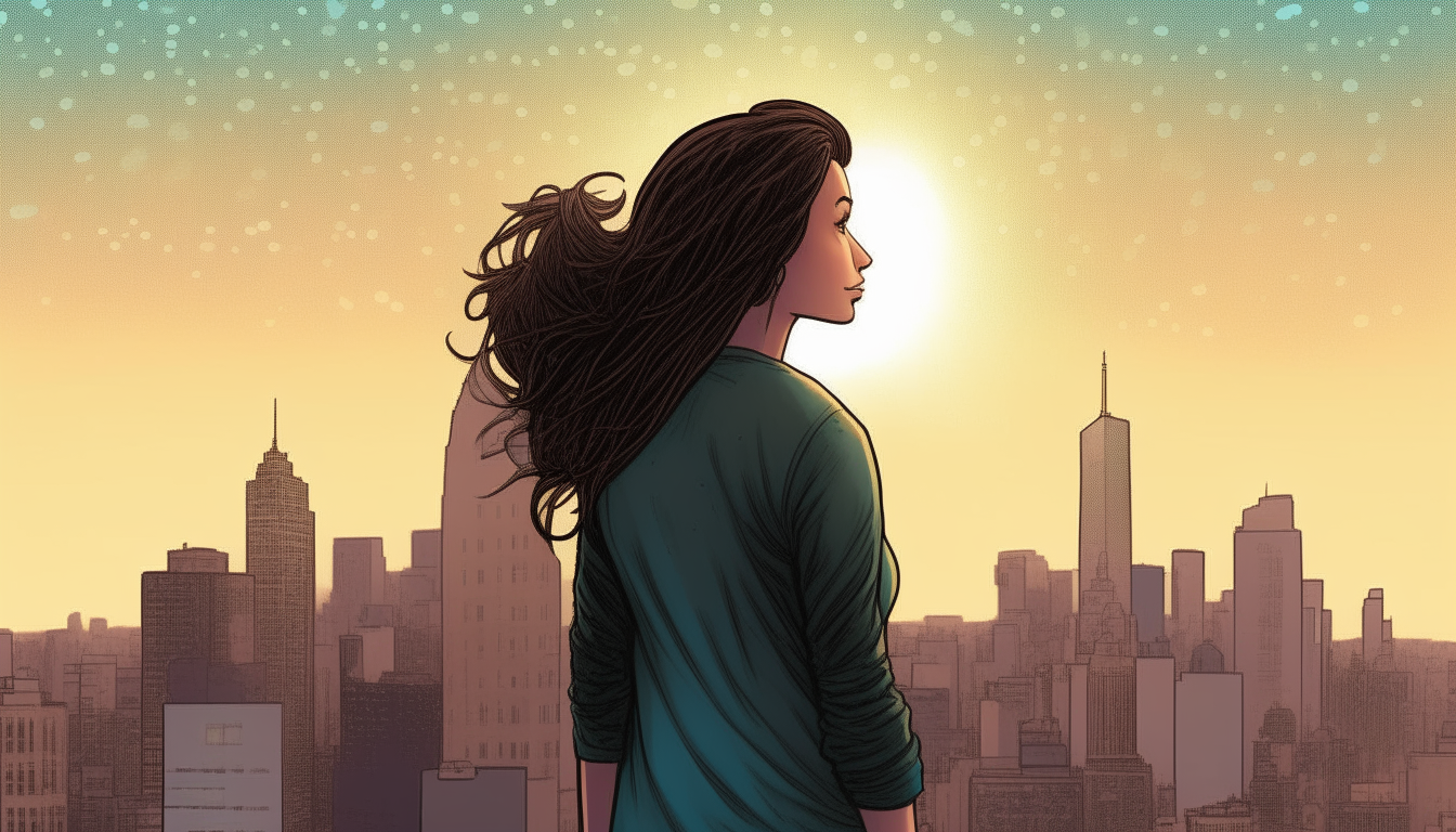 Variant cover of the same graphic novel. The female telepath stands with her back to the viewer, gazing out over the skyline of Manhattan as whispers and ideas float around her head like thought bubbles.