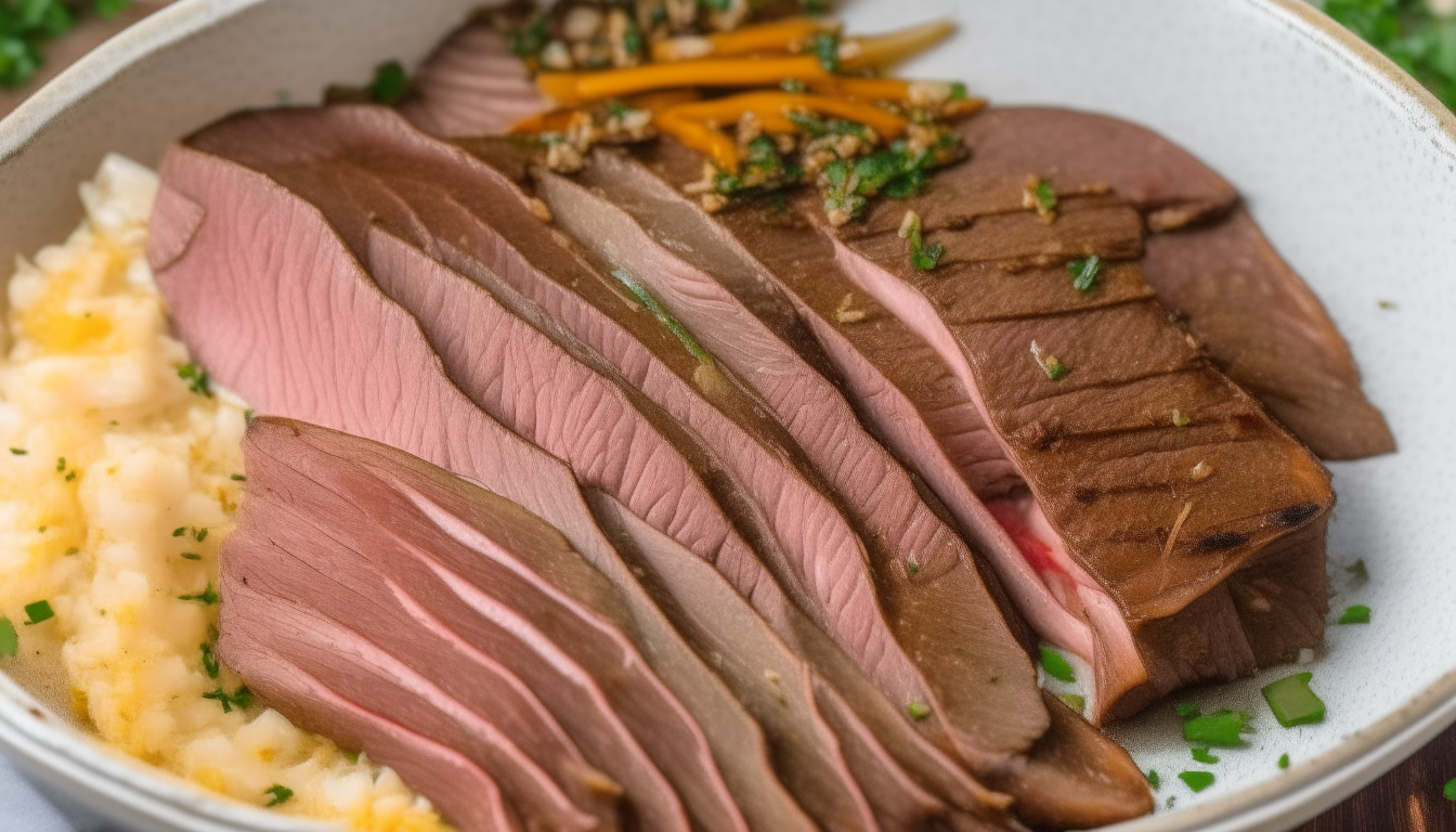 Flank steak sliced then marinated in a bowl with soy sauce, brown sugar, garlic and ginger